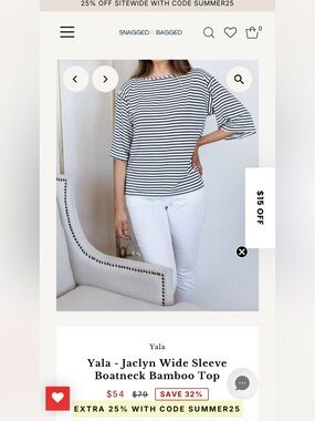Yala Black & White Striped Long-Sleeve Boatneck Top ptp 22-24 $54 on sale